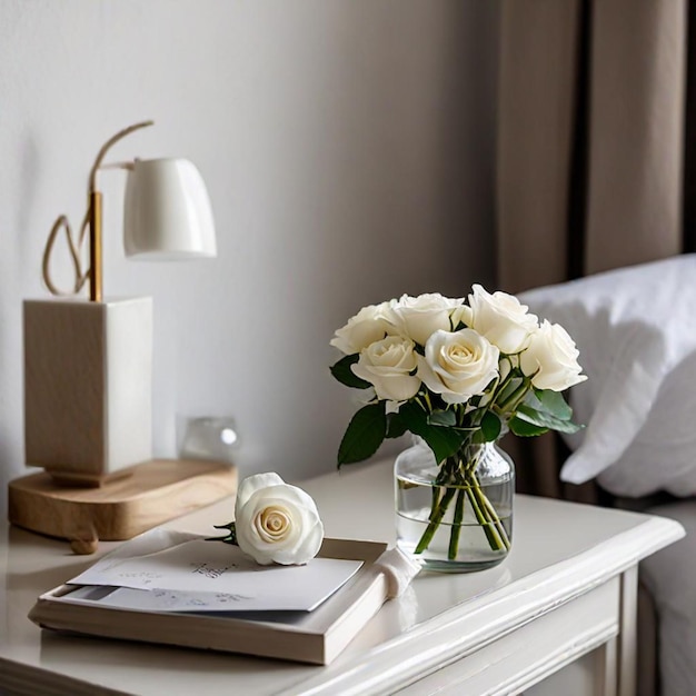 Photo a vase of flowers sits on a nightstand next to a book with a book on it