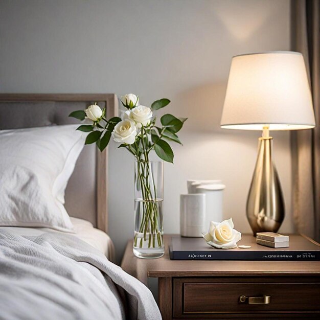 Photo a vase of flowers sits on a nightstand next to a lamp