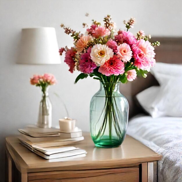 Photo a vase of flowers sits on a nightstand next to a nightstand