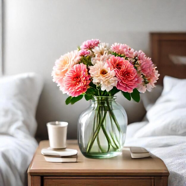 Photo a vase of flowers sits on a nightstand next to a small white pillow