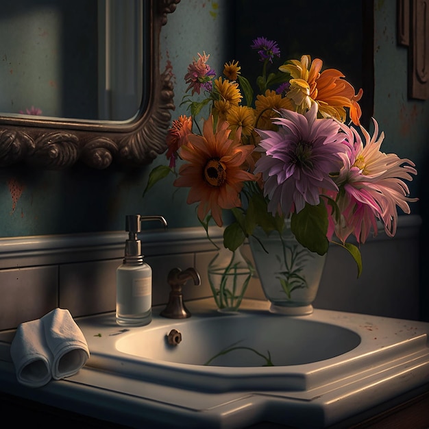 A vase of flowers sits on a sink with a candle next to it.