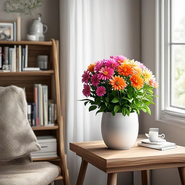 a vase of flowers sits on a small table next to a window