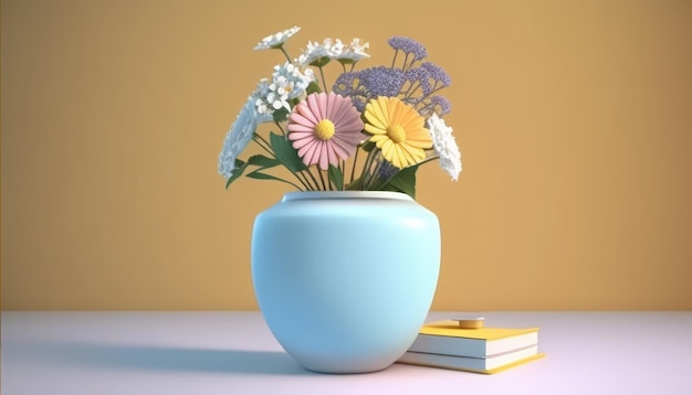 A vase of flowers sits on a table next to a book and a book.