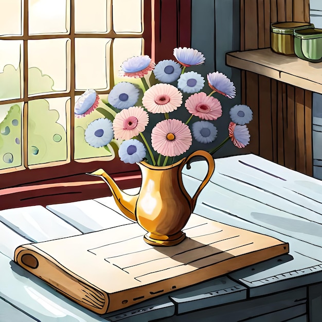 A vase of flowers sits on a table next to a book