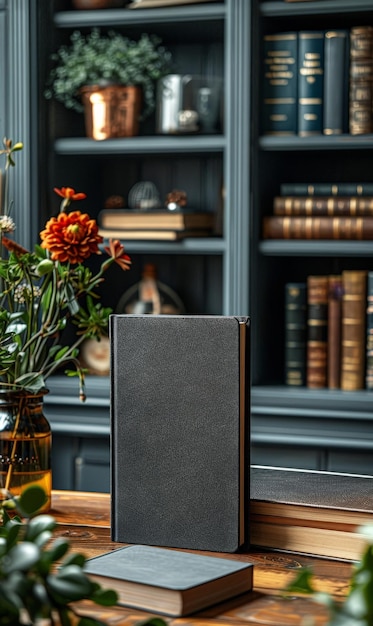 Photo a vase of flowers sits on a table in front of a bookcase