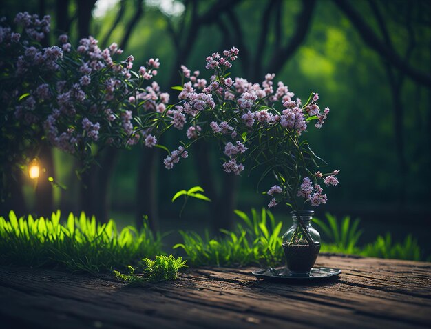 A vase of flowers sits on a table in front of a forest.