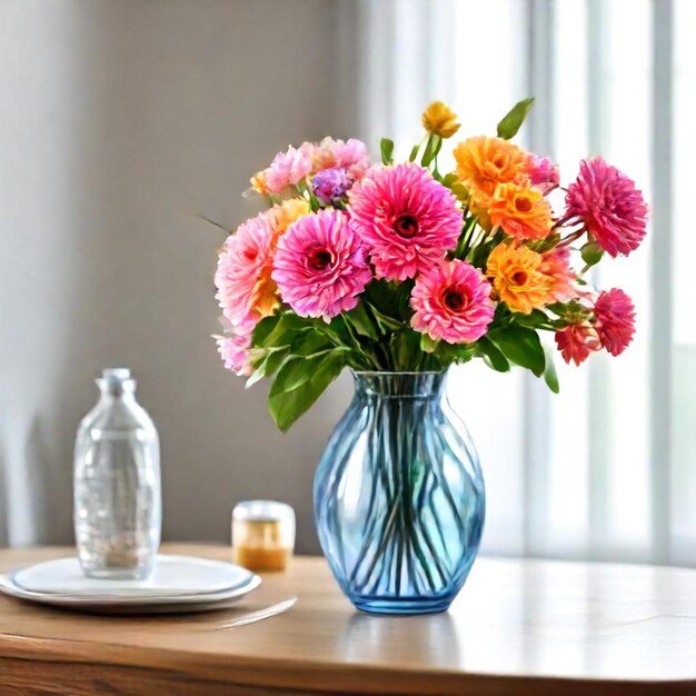 a vase of flowers sits on a table next to a plate with a plate and a plate with a plate with a plate with a plate with a knife and a plate with a bottle on it