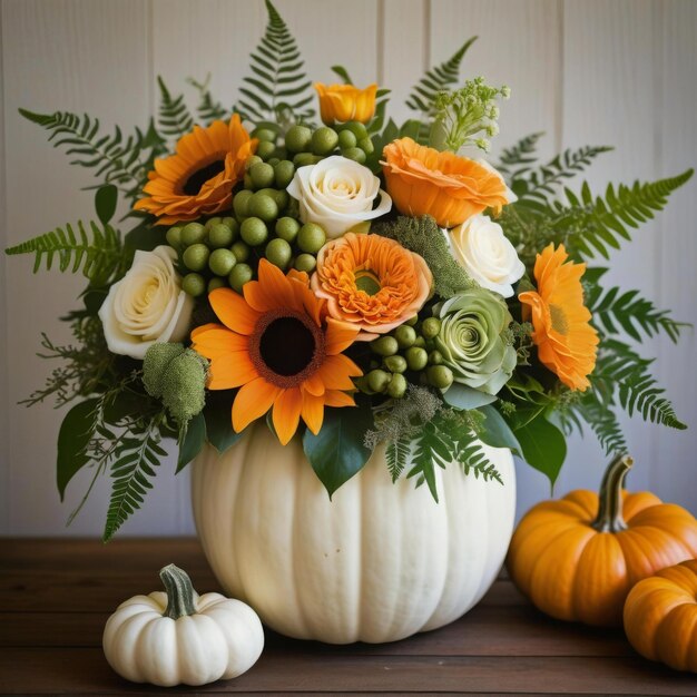 Photo a vase of flowers sits on a table next to a pumpkin and a few other pumpkins