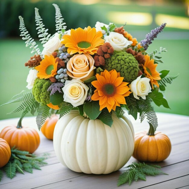 A vase of flowers sits on a table next to a pumpkin and a few other pumpkins