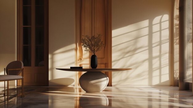 a vase of flowers sits on a table in a room with a wallpaper