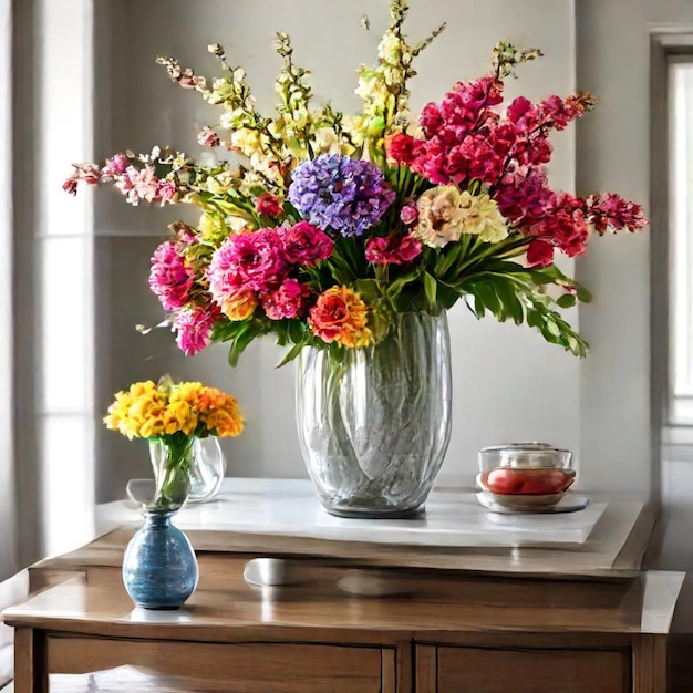 a vase of flowers sits on a table next to a vase with flowers