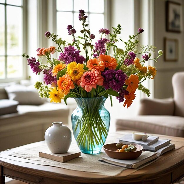 a vase of flowers sits on a table with a book on the table