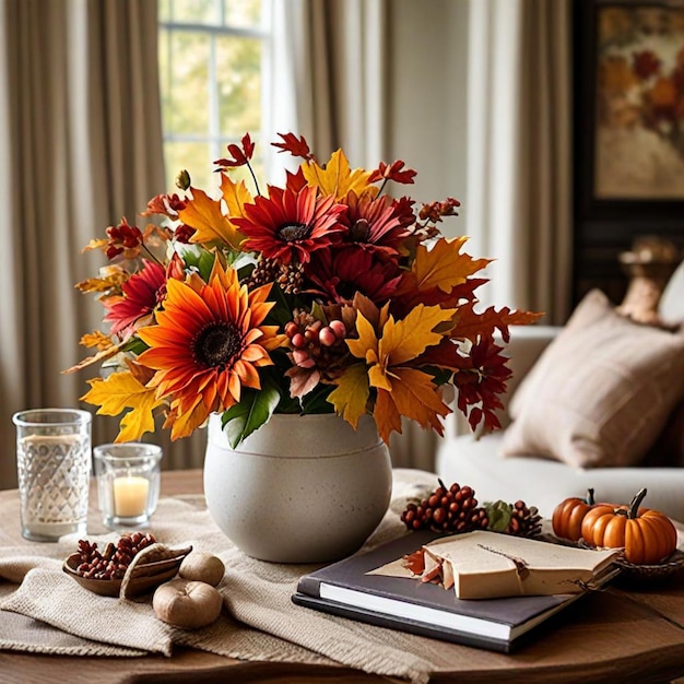 a vase of flowers sits on a table with a candle in the center