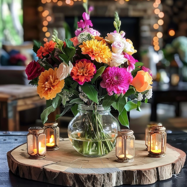 Photo a vase of flowers sits on a table with candles in front of them