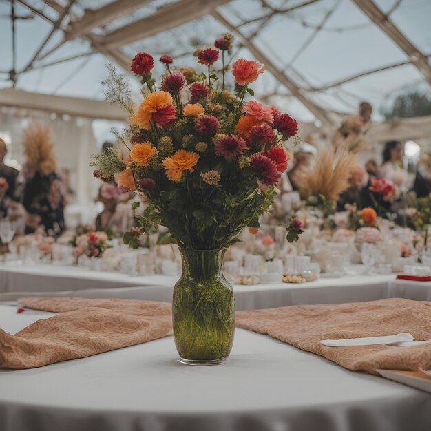 Photo a vase of flowers sits on a table with other tables and chairs