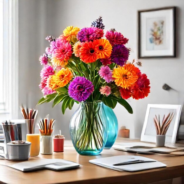 a vase of flowers sits on a table with a picture of a flower