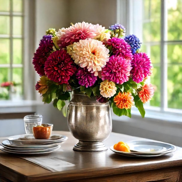 a vase of flowers sits on a table with a plate of food