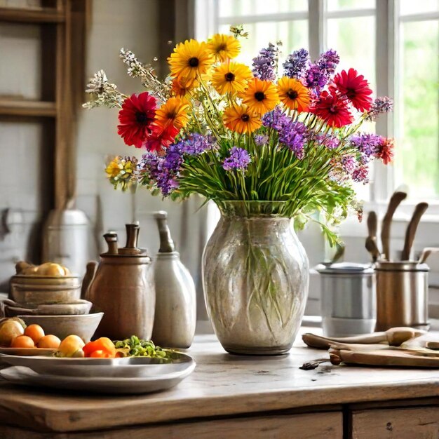 Photo a vase of flowers sits on a table with a plate of food