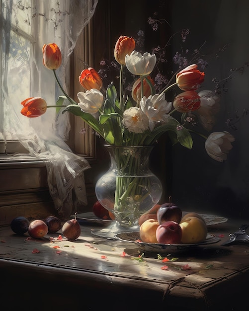 A vase of flowers sits on a table with a plate of fruit.