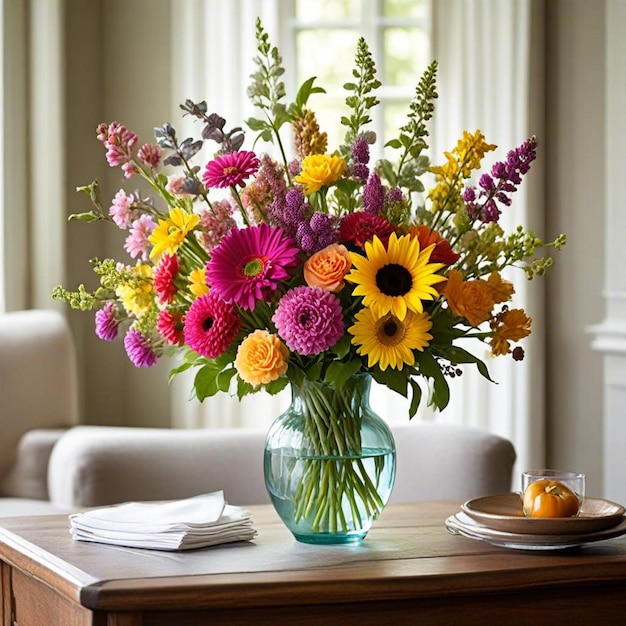 a vase of flowers sits on a table with a plate and napkin