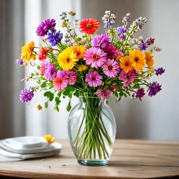 a vase of flowers sits on a table with a plate and a plate