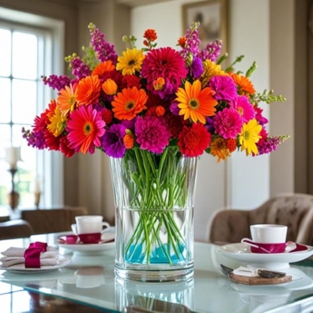 Photo a vase of flowers sits on a table with a tea cup on the table