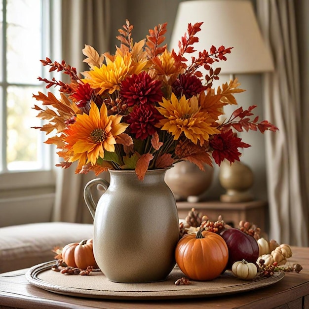 a vase of flowers sits on a table with a vase of fall leaves