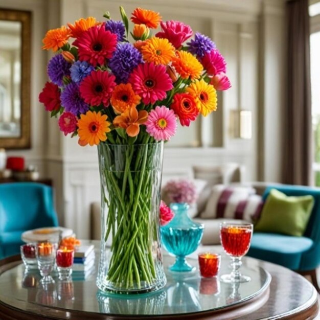 Photo a vase of flowers sits on a table with a vase of flowers