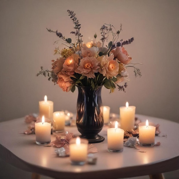 Photo a vase of flowers sits on a table with a vase of flowers