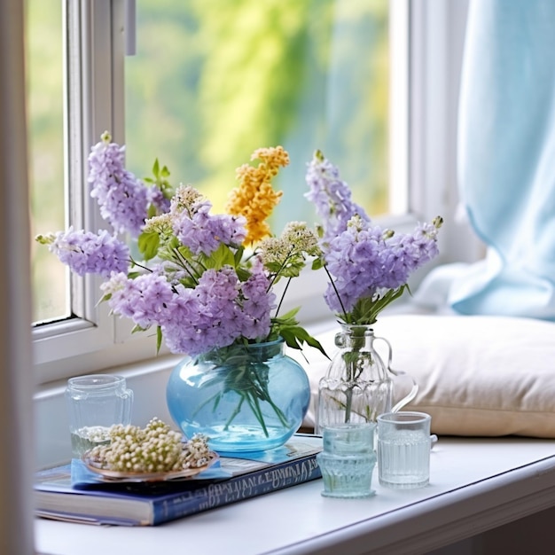 a vase of flowers sits on a window sill next to a book that says spring