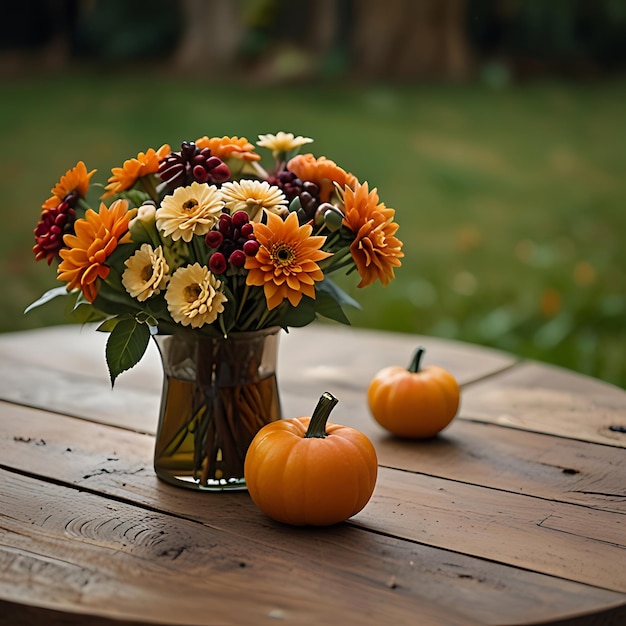 Photo a vase of flowers sits on a wooden table with the words  pumpkins  written on it