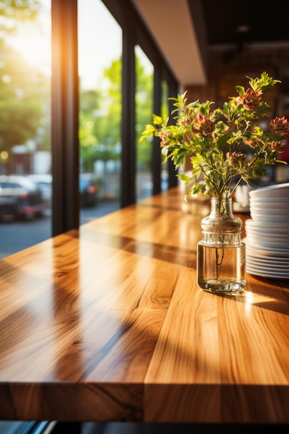 Vase of flowers sitting on table in restaurant Generative AI