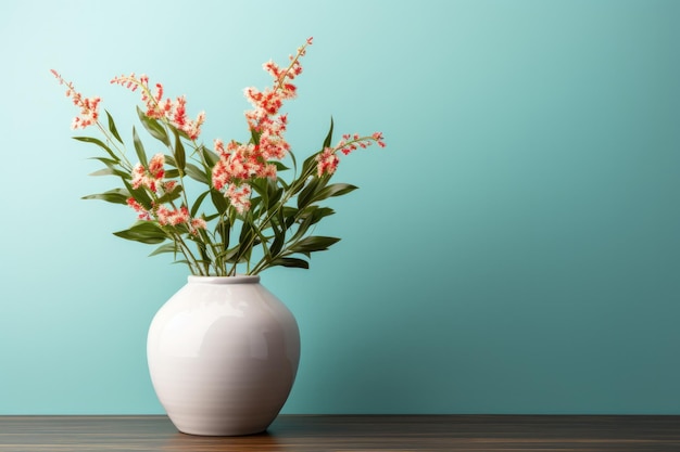 Vase of flowers on a table with aquamarine wall with empty space for text Minimal design