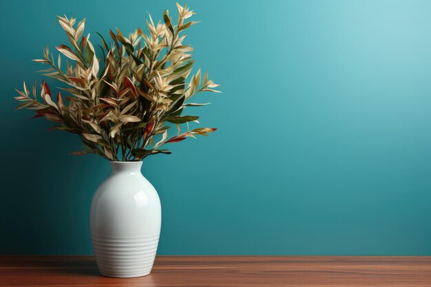 Vase of flowers on a table with aquamarine wall with empty space for text Minimal design