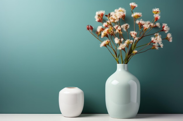 Vase of flowers on a table with aquamarine wall with empty space for text Minimal design