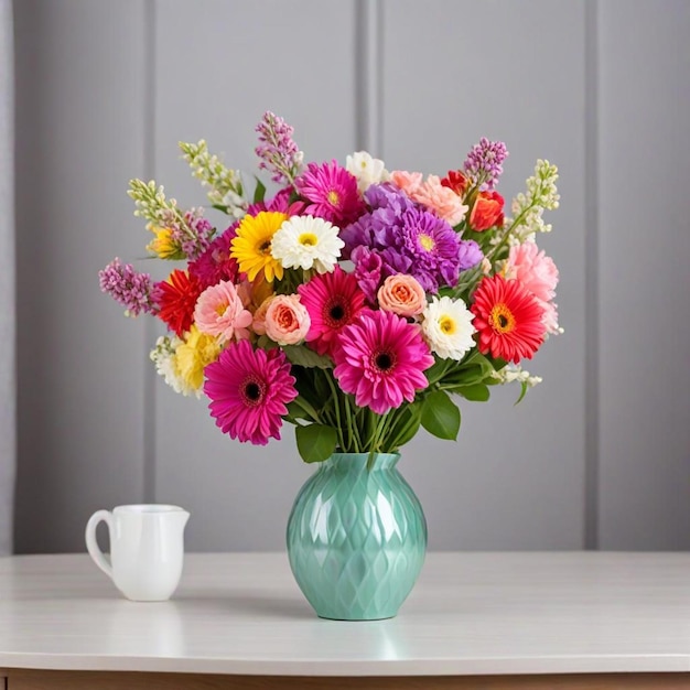 Photo a vase of flowers on a table with a cup on the table