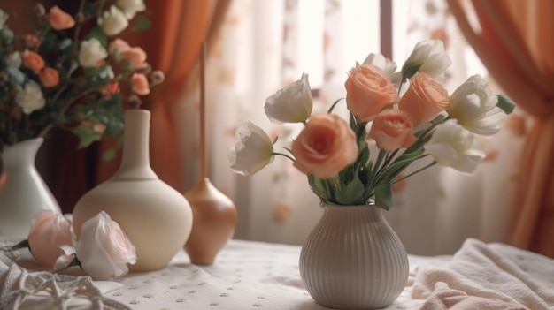 A vase of flowers on a table with a curtain in the background