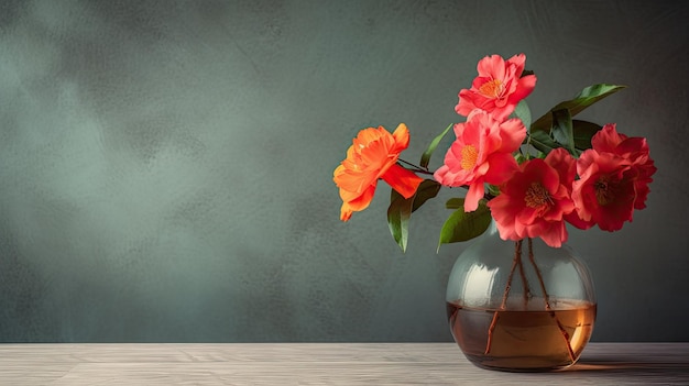 A vase of flowers on a table with a grey background