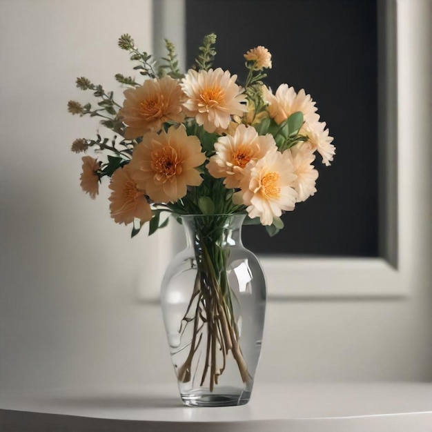 a vase of flowers on a table with a picture of a painting behind it