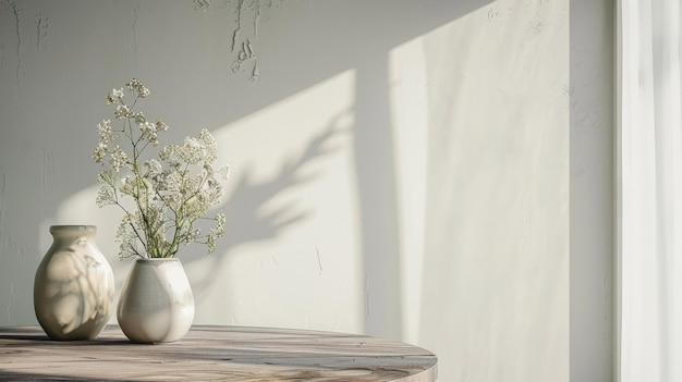 a vase of flowers on a table with a shadow of a tree