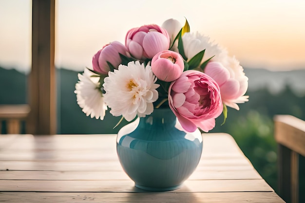 A vase of flowers on a table with a sunset in the background.