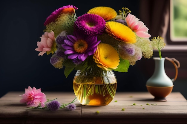 A vase of flowers on a table with a vase of flowers on it.