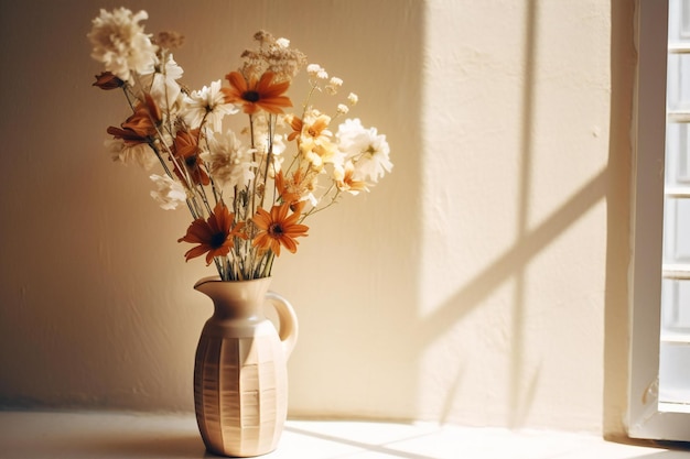 Vase of flowers on the windowsill in the morning light