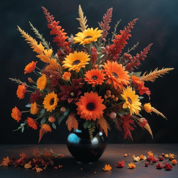 Photo a vase of flowers with a black background and a black background