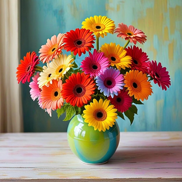 a vase of flowers with a blue background and a yellow and red one