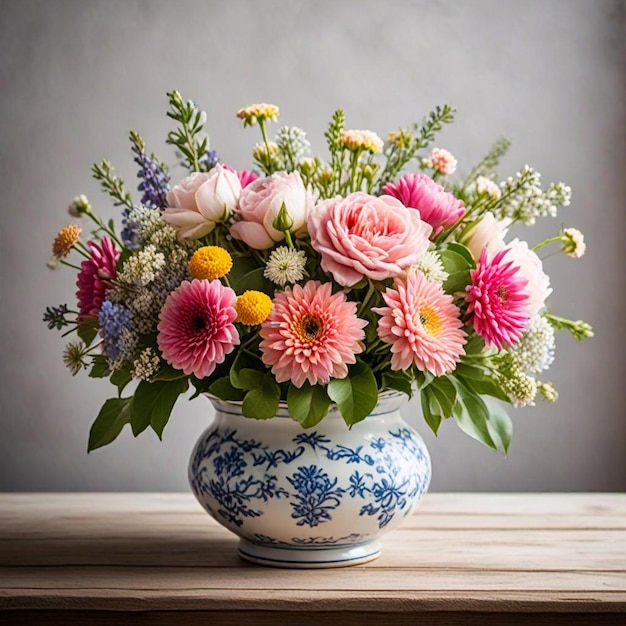 a vase of flowers with a blue and white vase on a table