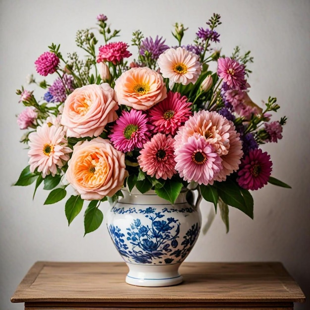 a vase of flowers with a blue and white vase with a blue and white design