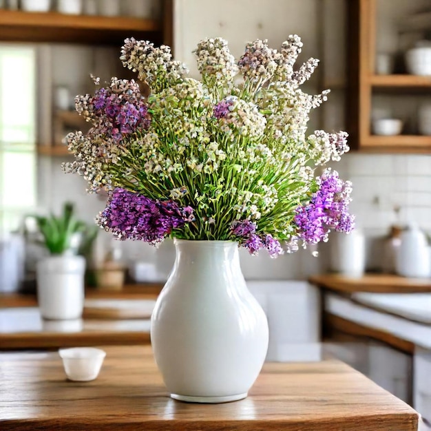 a vase of flowers with a bunch of purple flowers in it