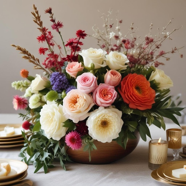 Photo a vase of flowers with a candle in it