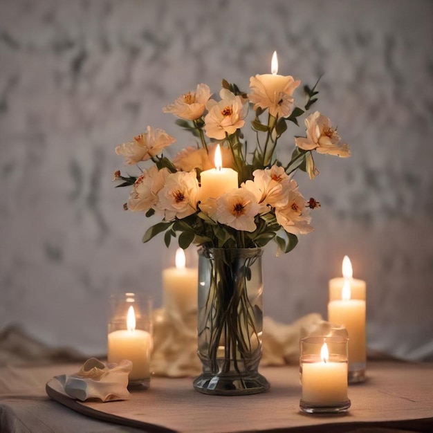 Photo a vase of flowers with candles and a book on a table